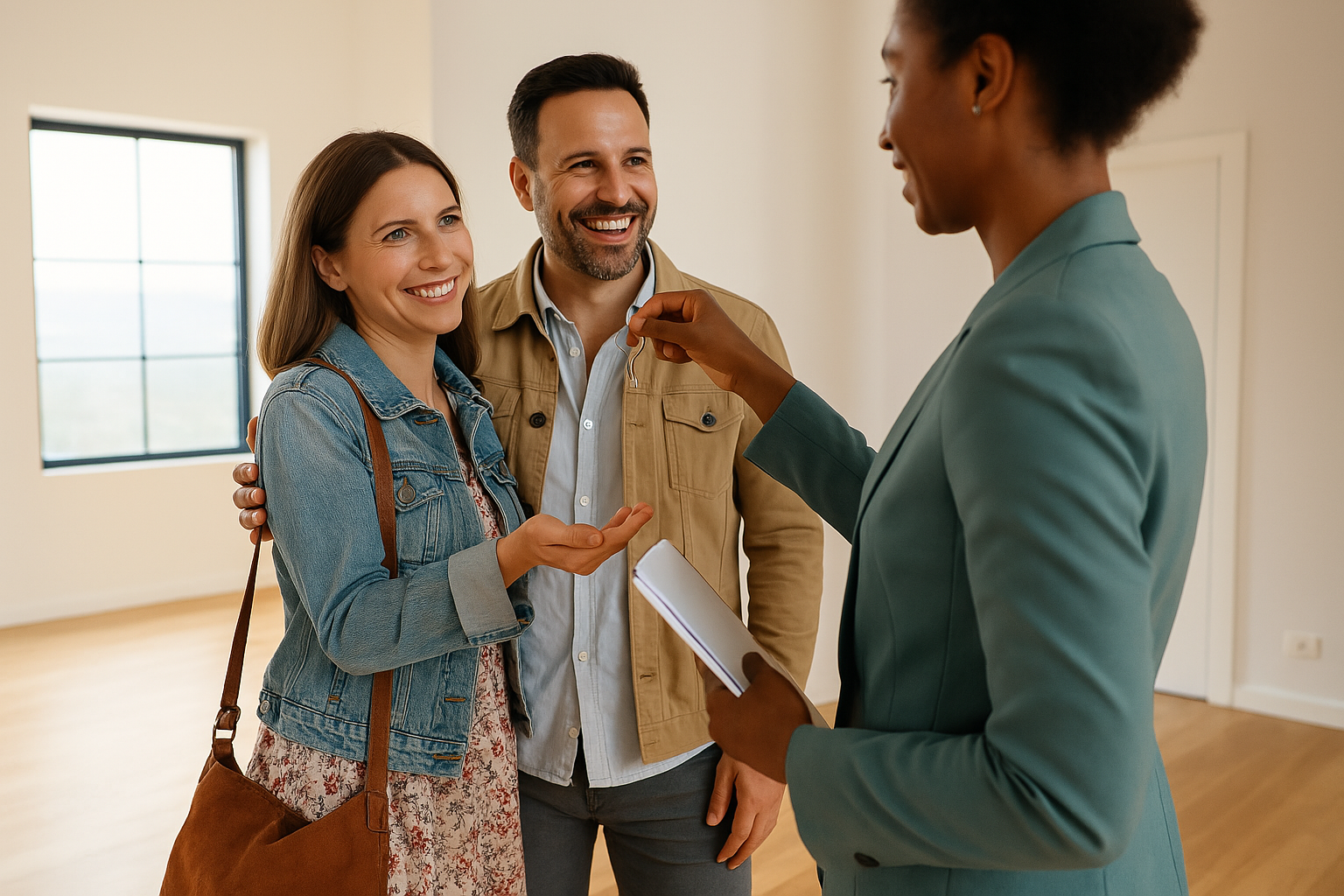 Couple receiving keys to their new home from agent