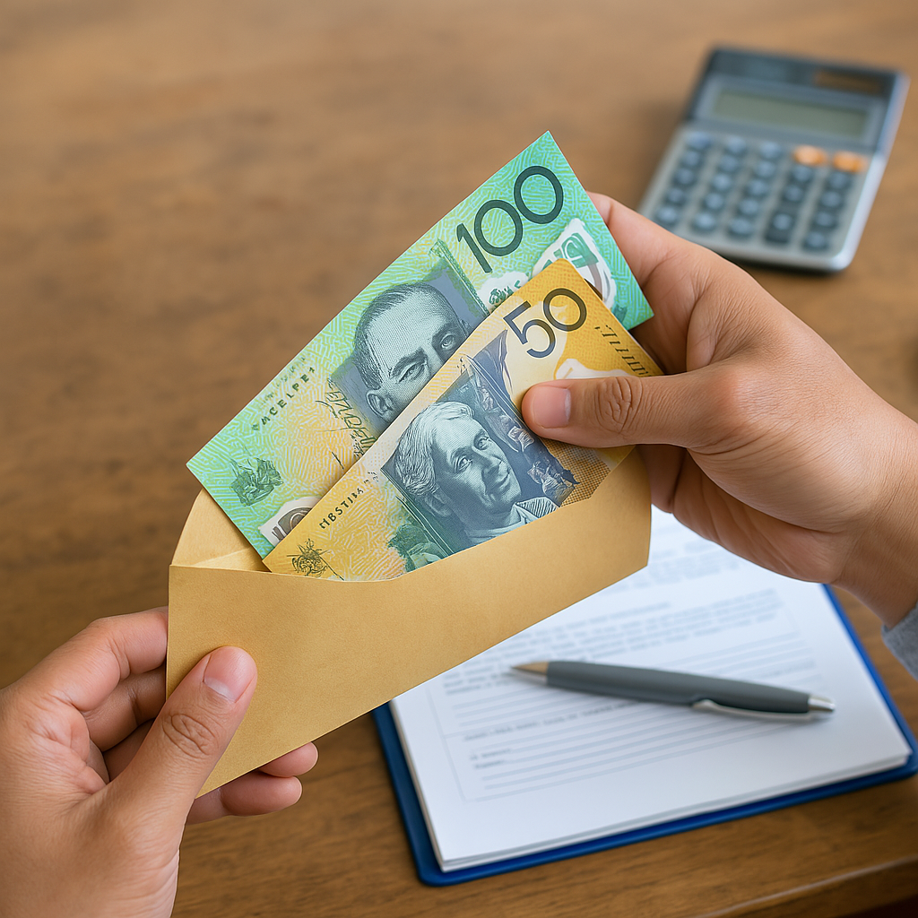 Person opening an envelope holding Australian cash