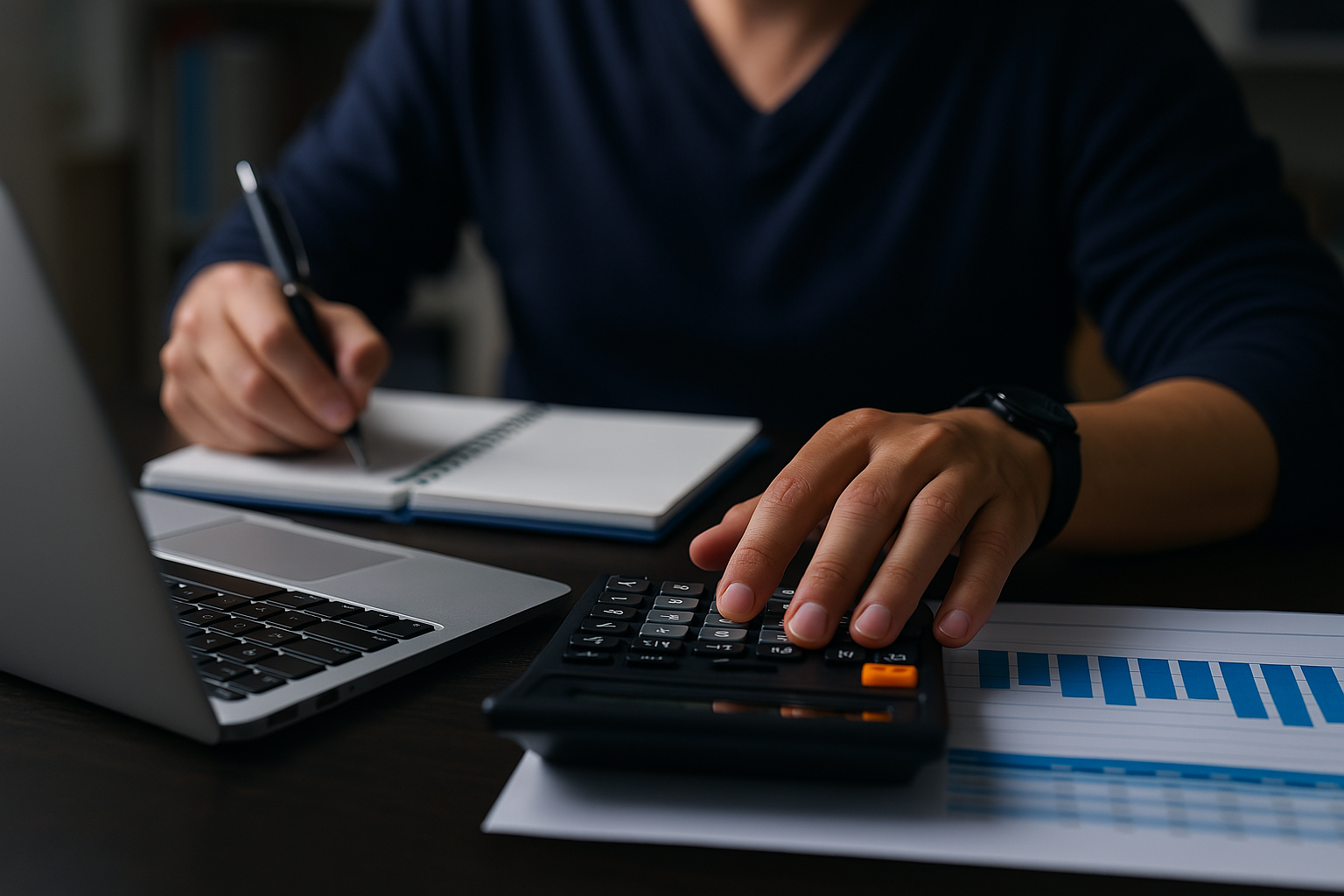 Person writing in a notebook near a calculator and laptop