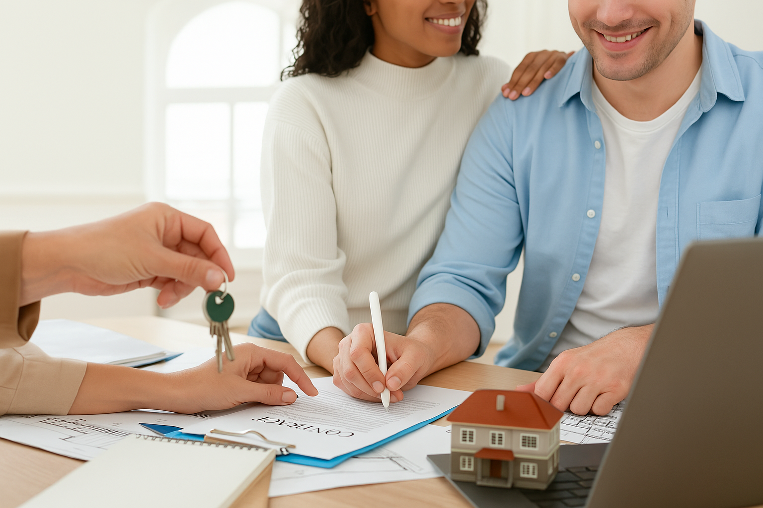 Couple signing documents with an agent